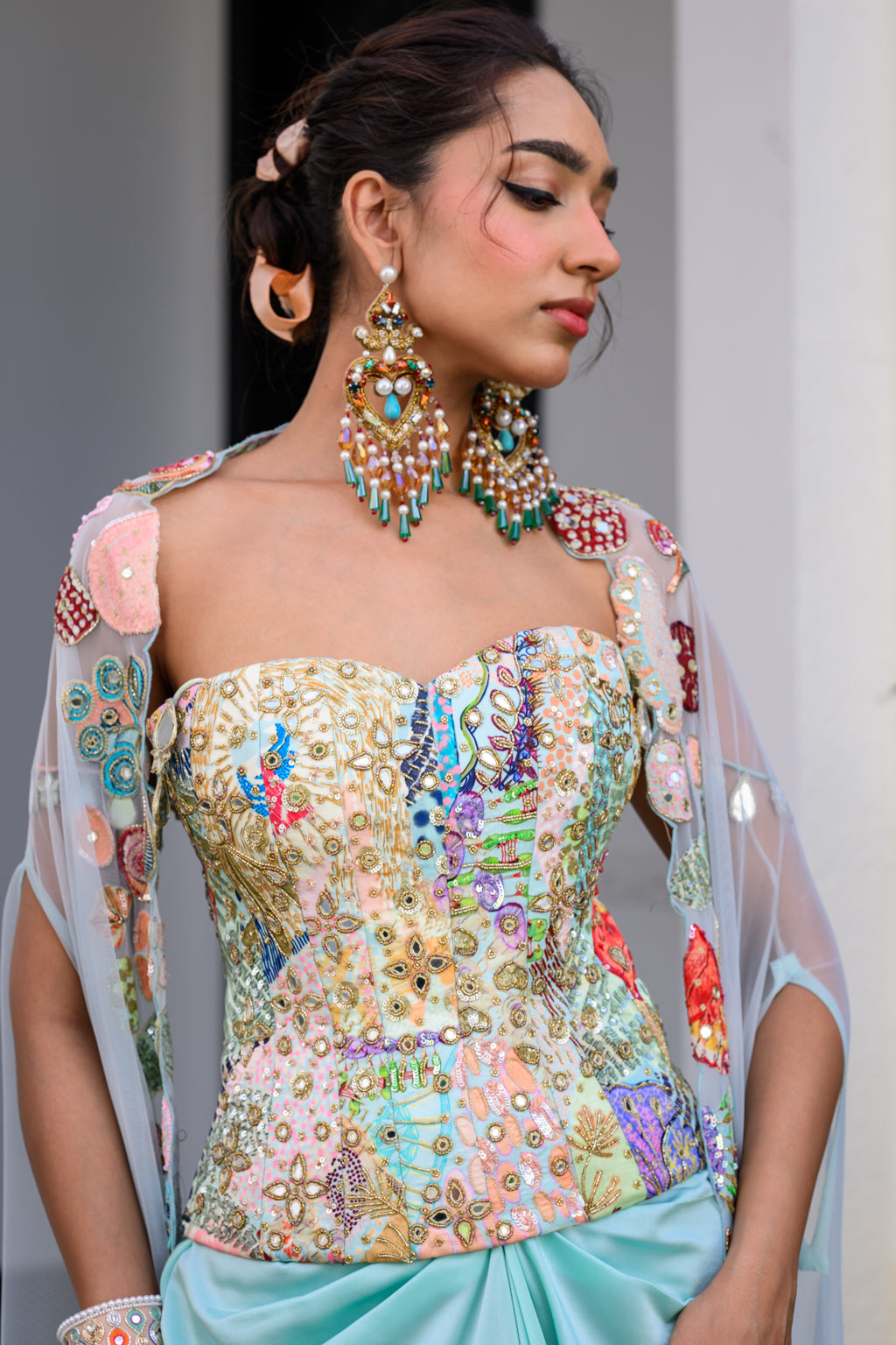 Gardenia Highlighted Corset With Dhoti Skirt And Cape image 2