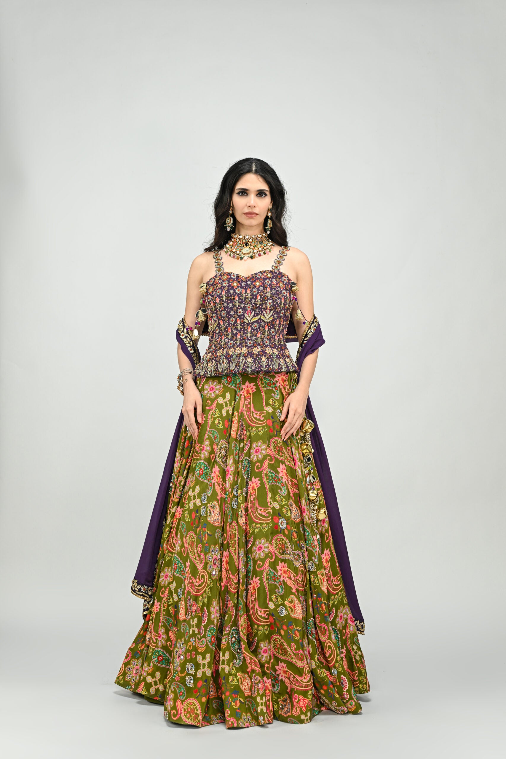 Olive Highlihted Lehenga Paired With Plum Embroidered Badla Corset (with dupatta) - XL image