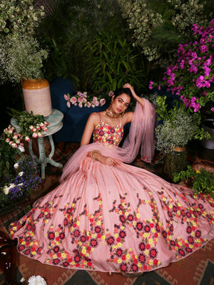 Peach Floral Embroidered Lehenga - M image