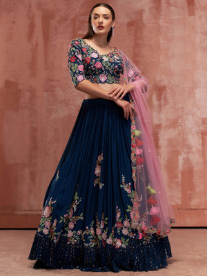 Peacock Blue Floral Lehenga Set - S image