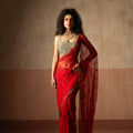 Pre Draped Red Hand Embroidered Net & Georgette Saree With Golden Blouse image 0