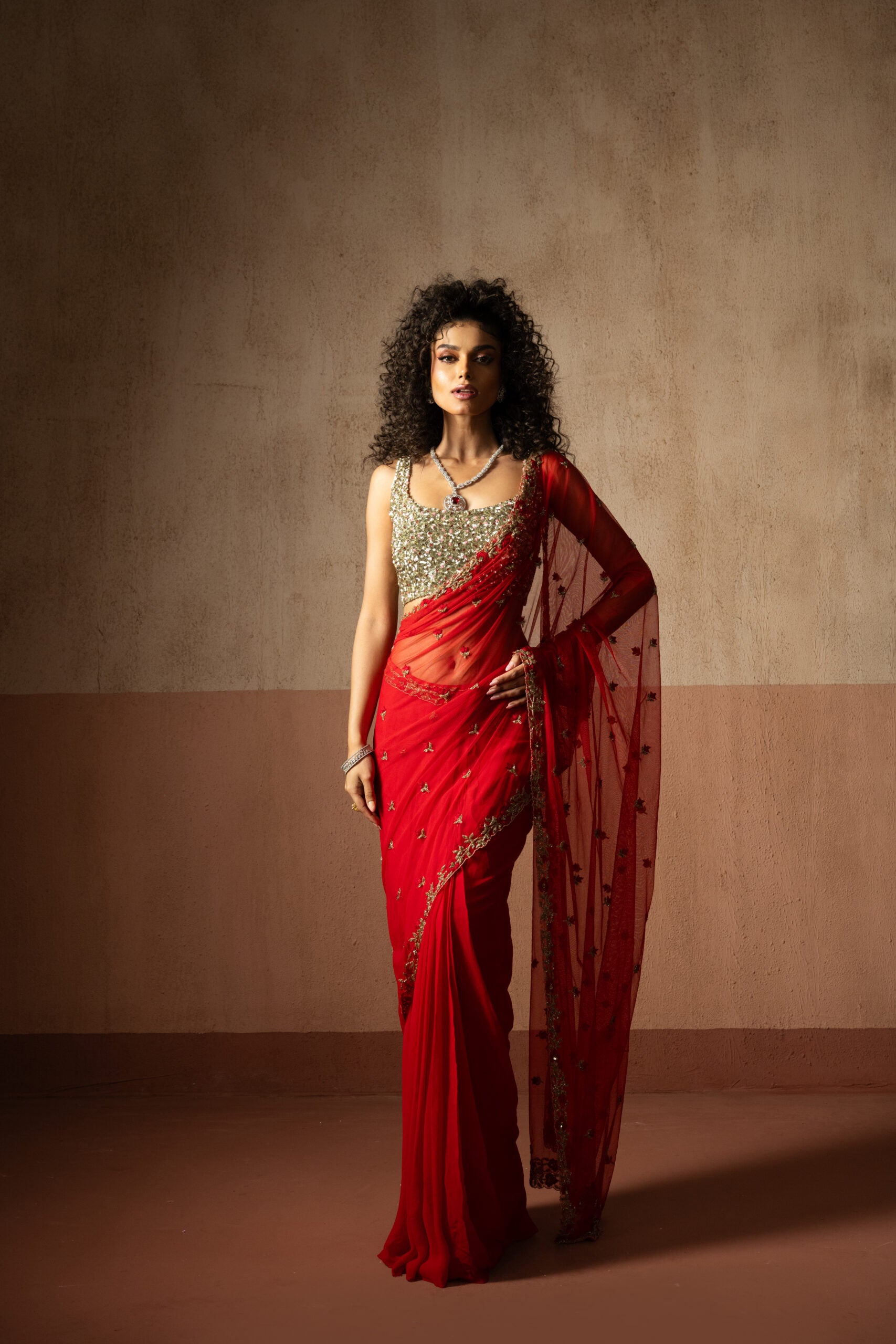Pre Draped Red Hand Embroidered Net & Georgette Saree With Golden Blouse image 0