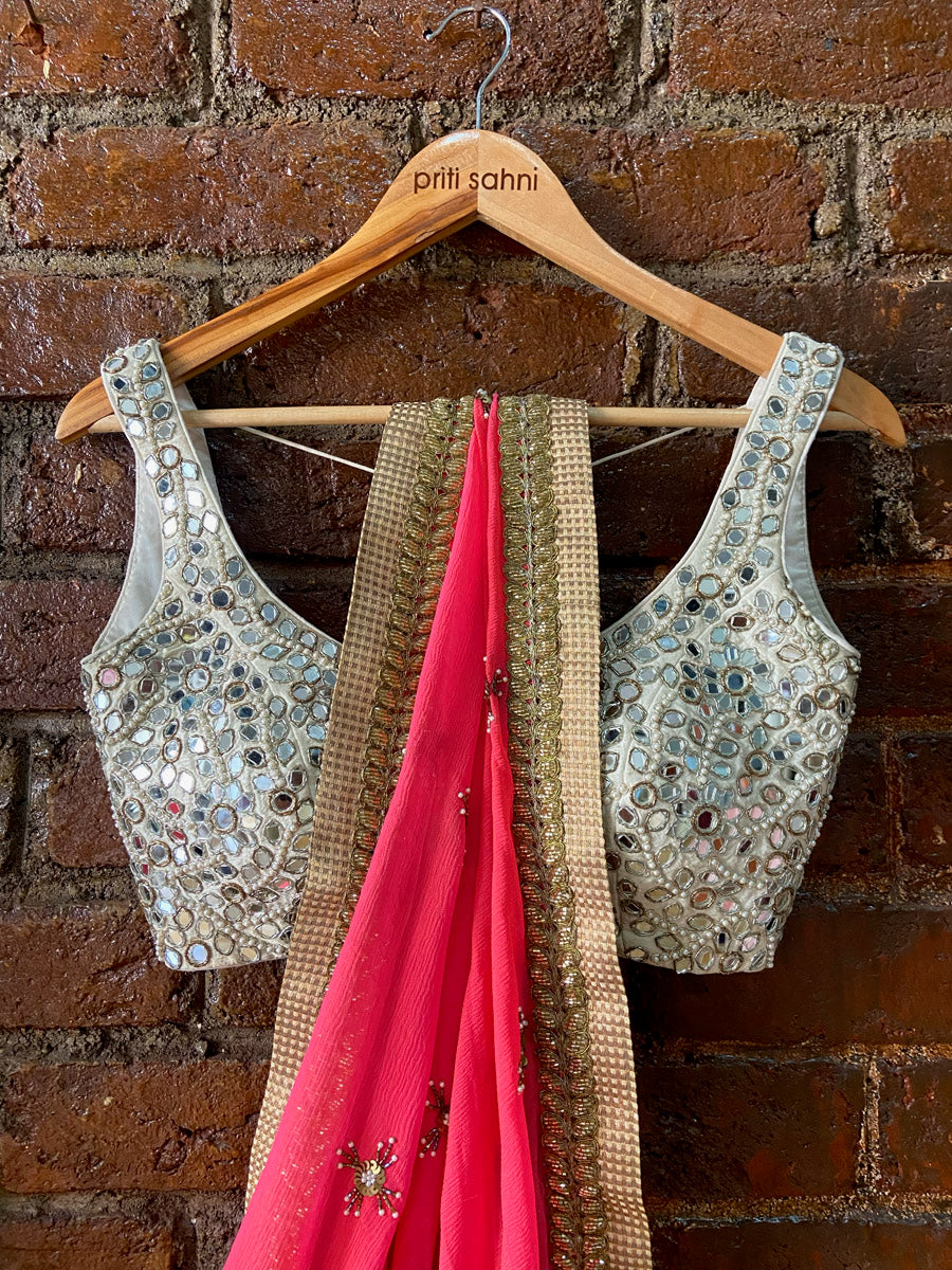 Crimson Chiffon Saree With Mirror Blouse image 3