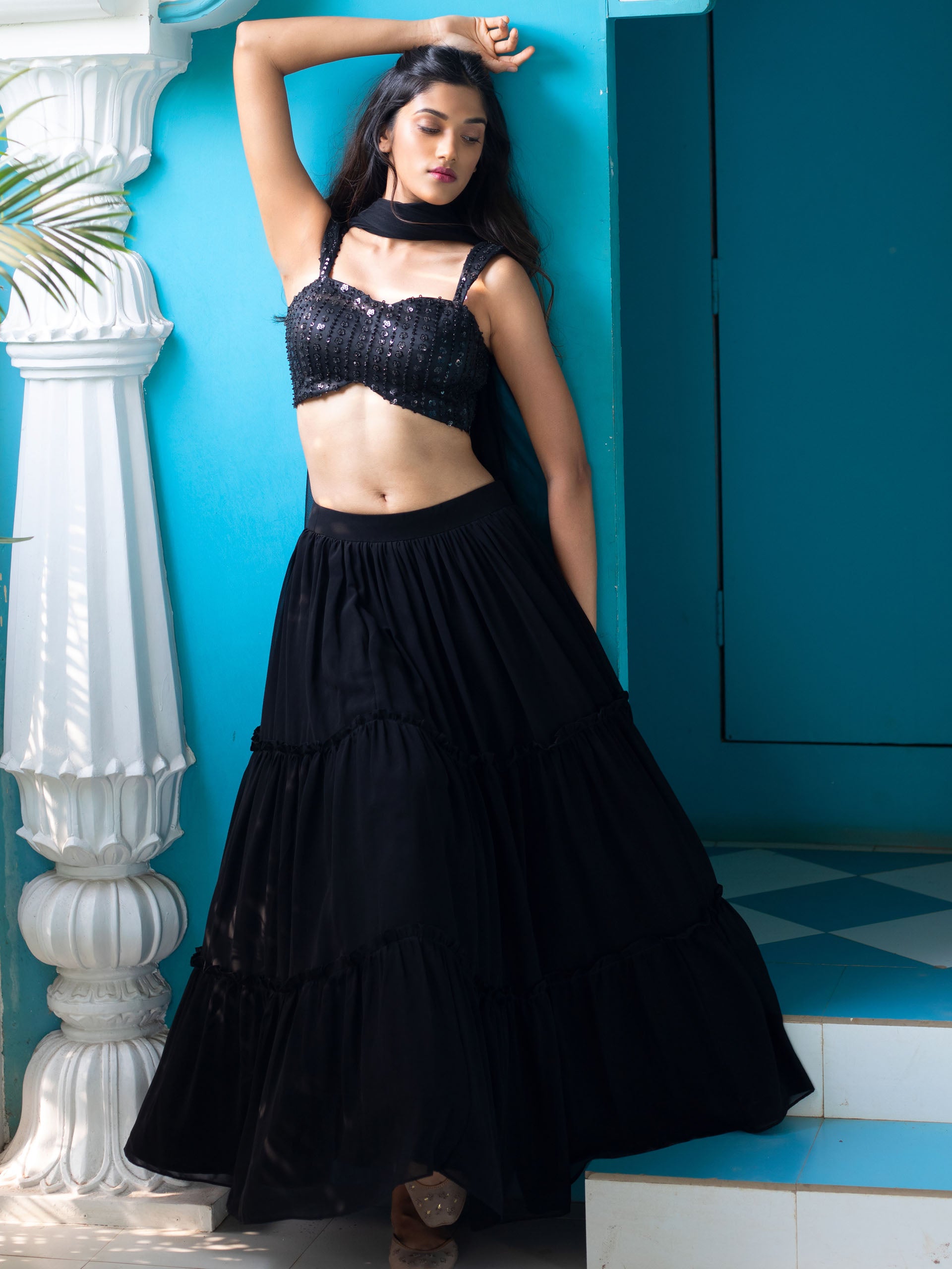 Black Sequins Lehenga Set - L image
