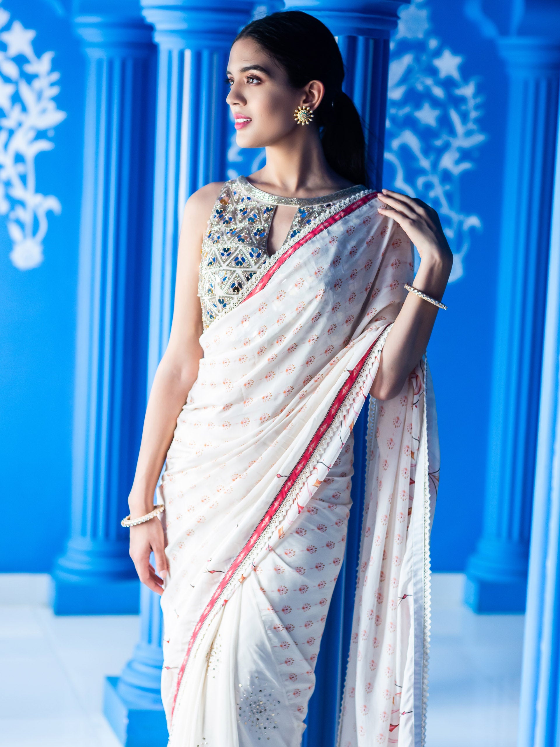 Ivory Print Saree Set image 1