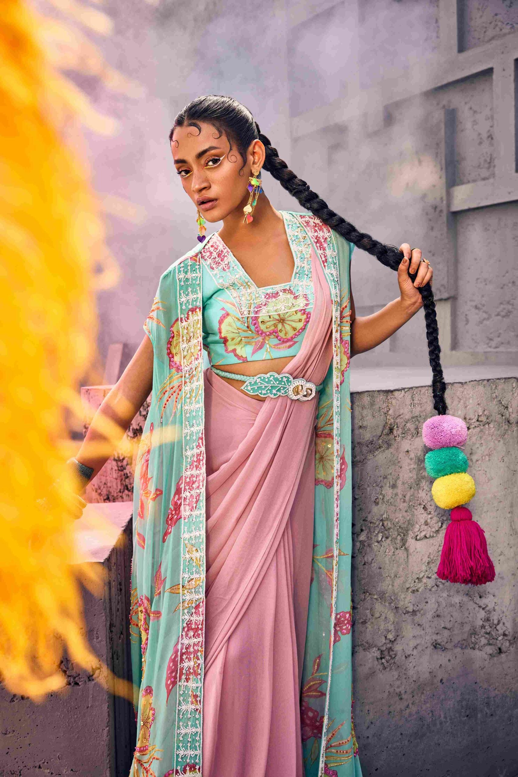 Pastel Pink Saree With Cape And Bustier In Teal Blue image 1
