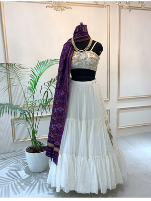 Off White Lehenga With Purple Dupatta - L image