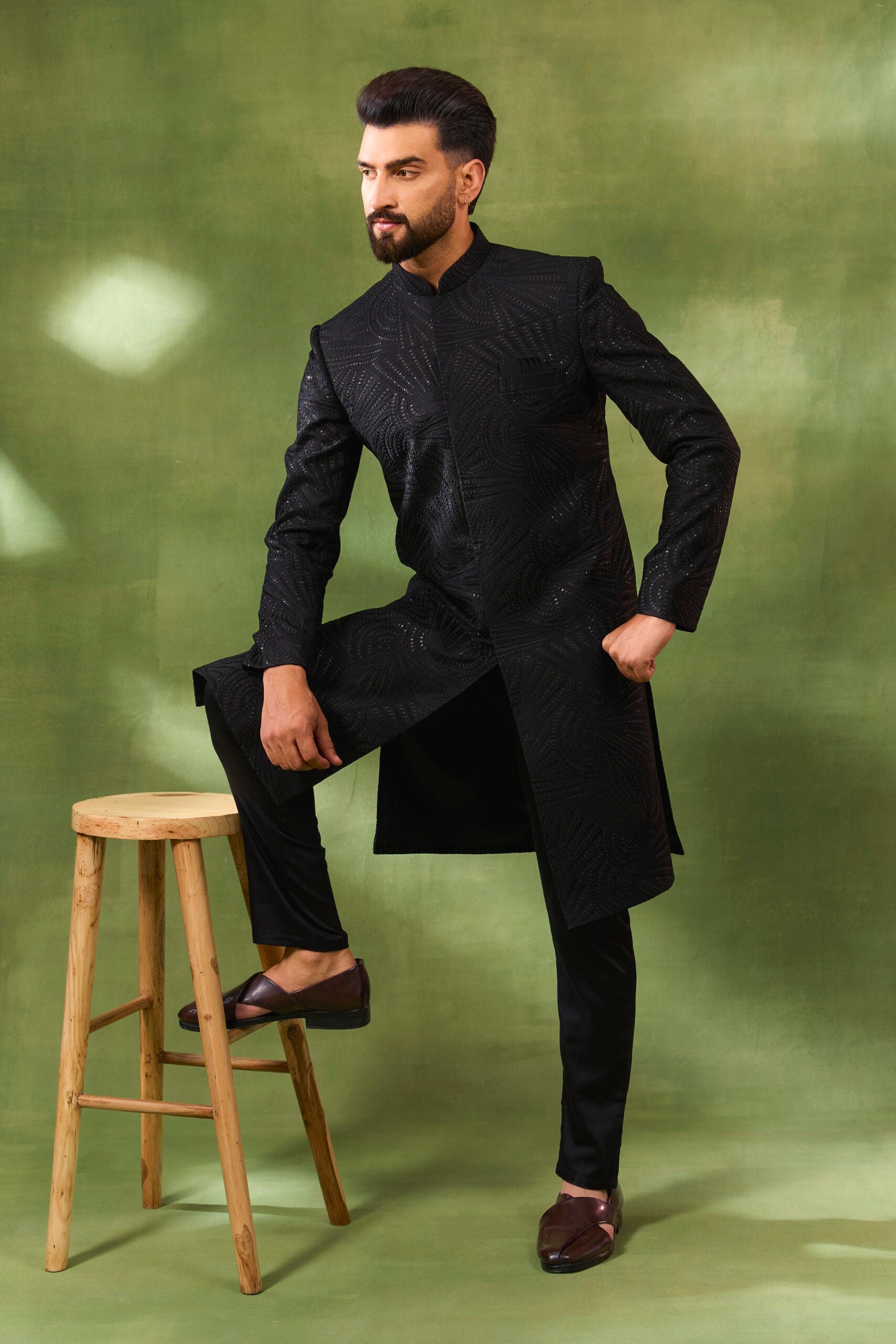 Black Large Embroidered Sherwani Set image 2