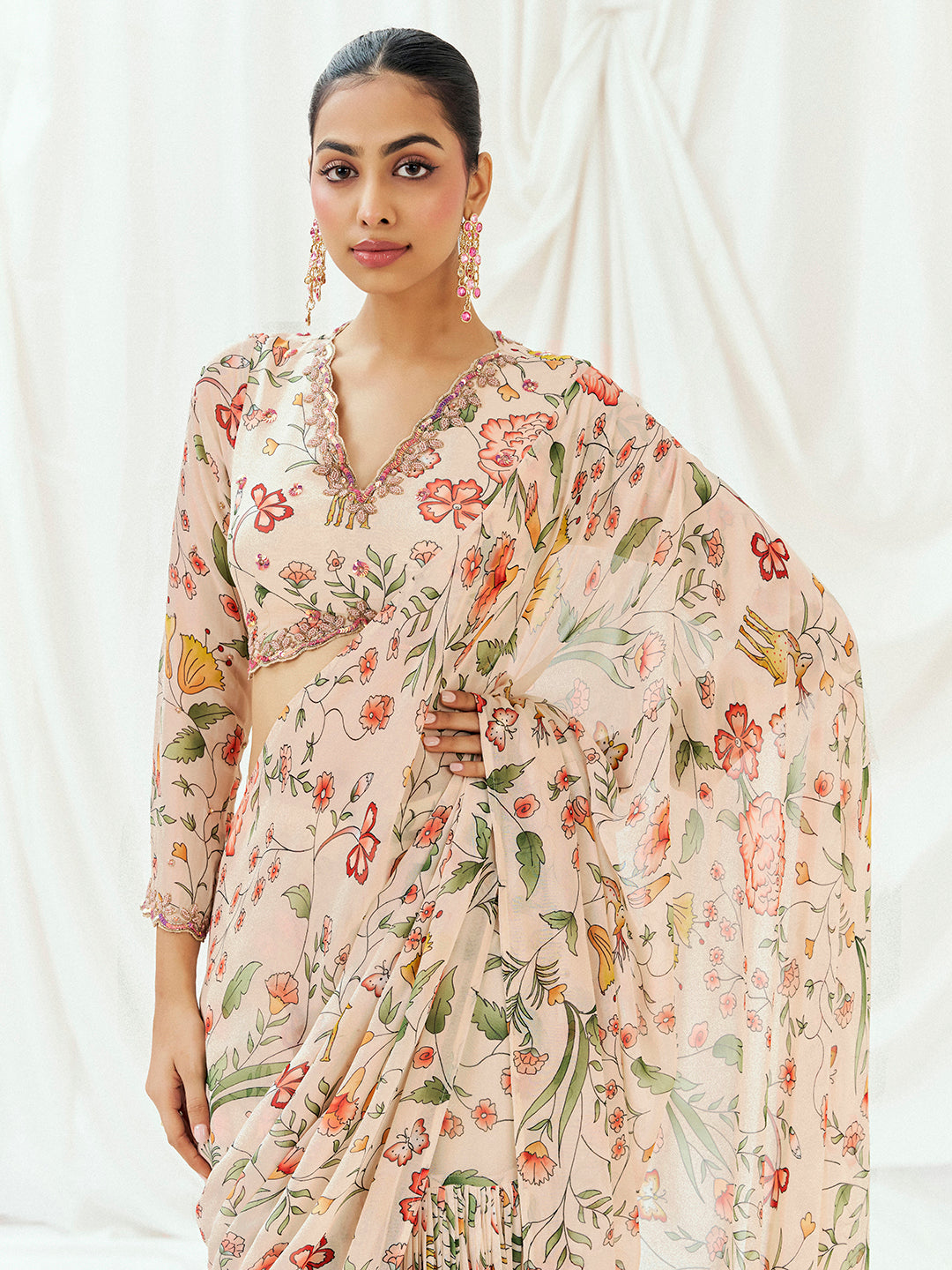 Floral White Printed Embroidered Drape Saree  Set image 2