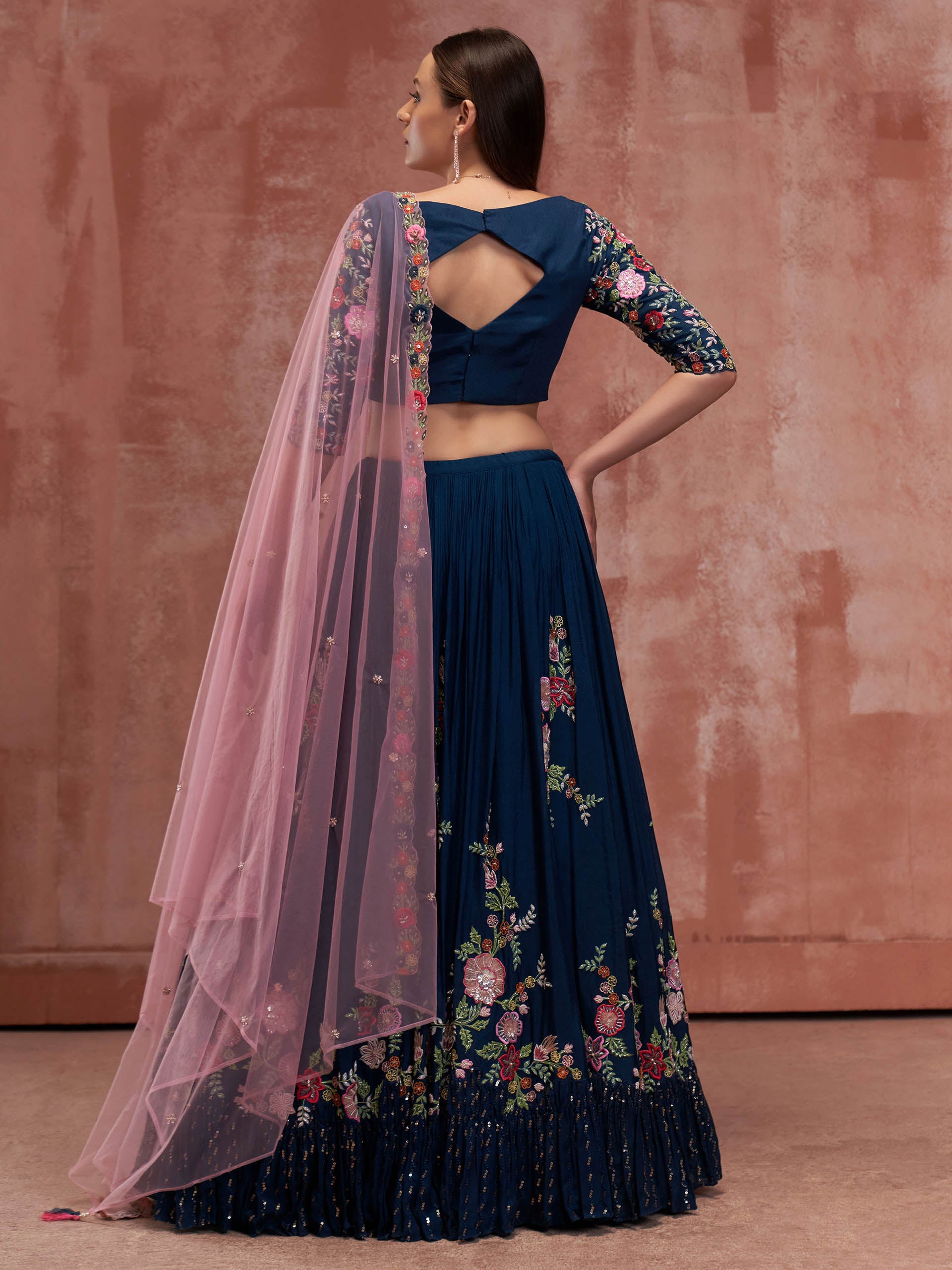 Peacock Blue Floral Lehenga Set image 4