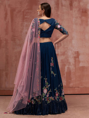 Peacock Blue Floral Lehenga Set image 4