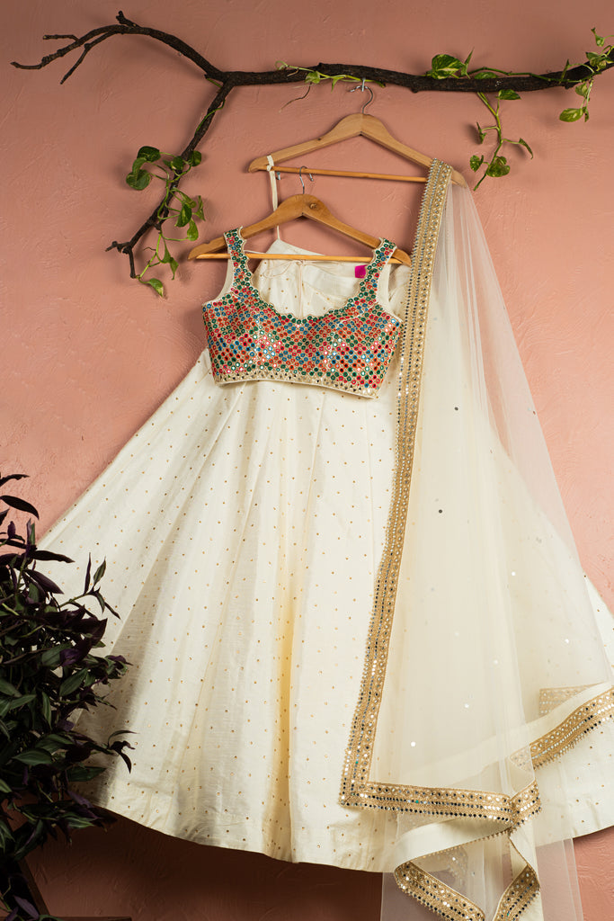 Ivory Kaleidoscope Dream Blouse with Ivory Stonework Lehenga &amp; Ivory Dupatta - XS image
