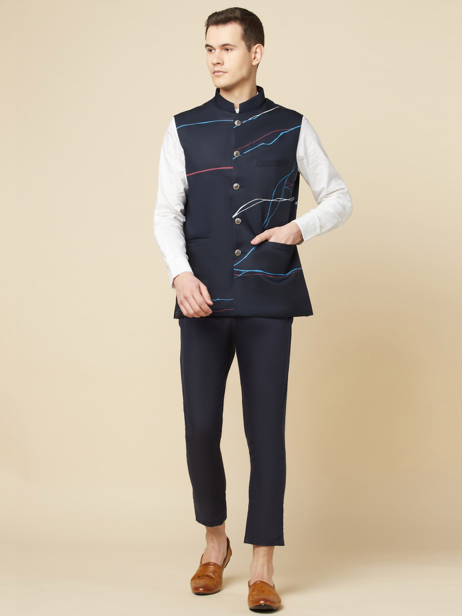 Navy Blue Printed Bundi Jacket image 1