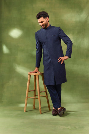 Navy Blended Silk Embroidered Sherwani Set - L image