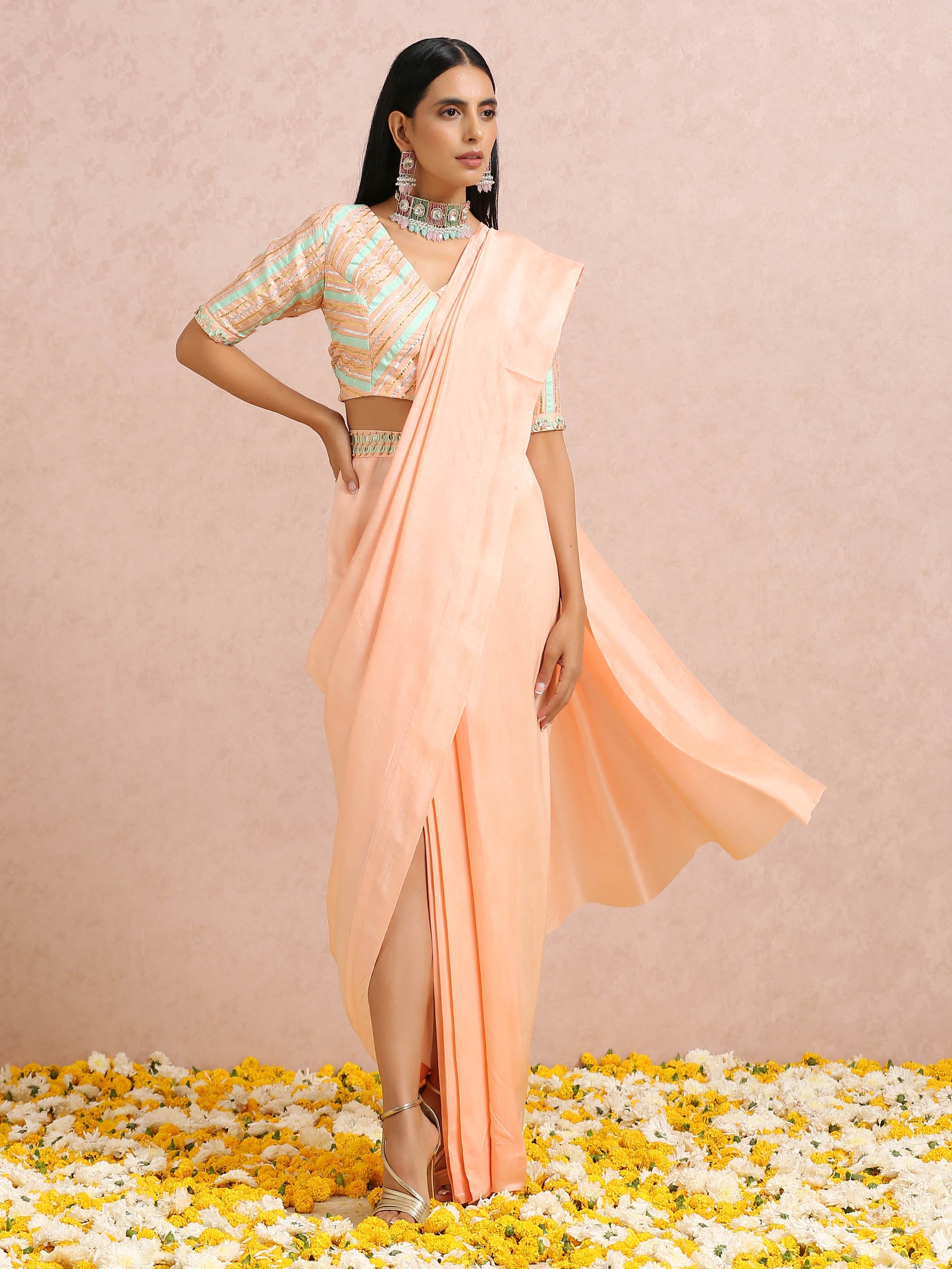 Peach and Mint Pre Draped Saree Set - M image