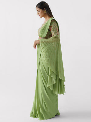 Green Pre Drape Saree Set image 3