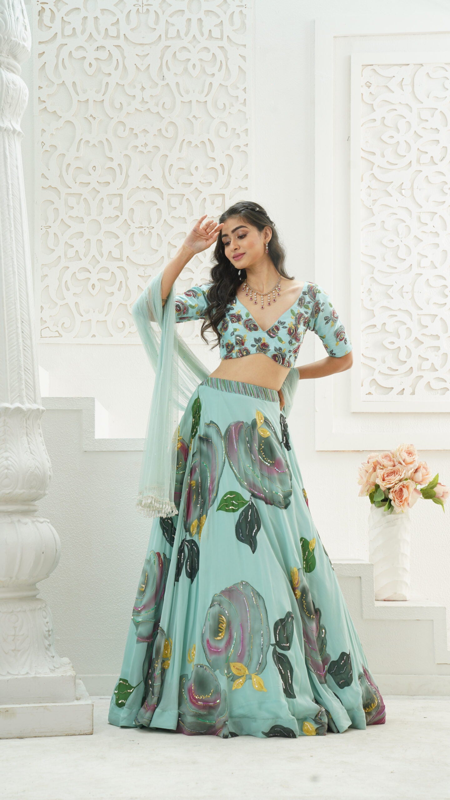 Dusty Blue hand painted lehenga set image 3