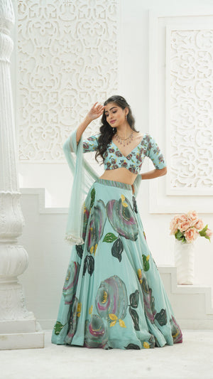 Dusty Blue hand painted lehenga set image 3