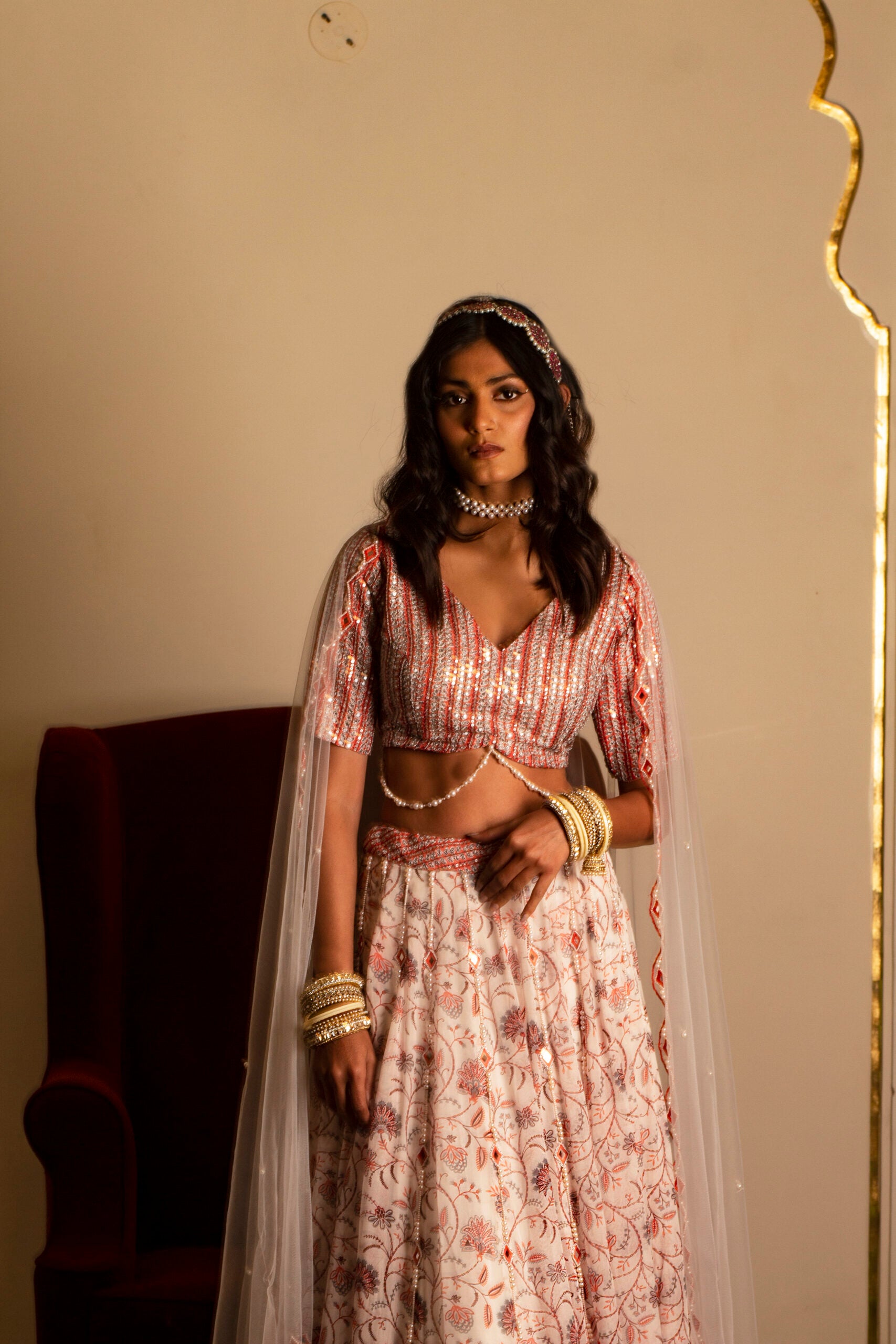 White and Peach Organza Lehenga Set image 1