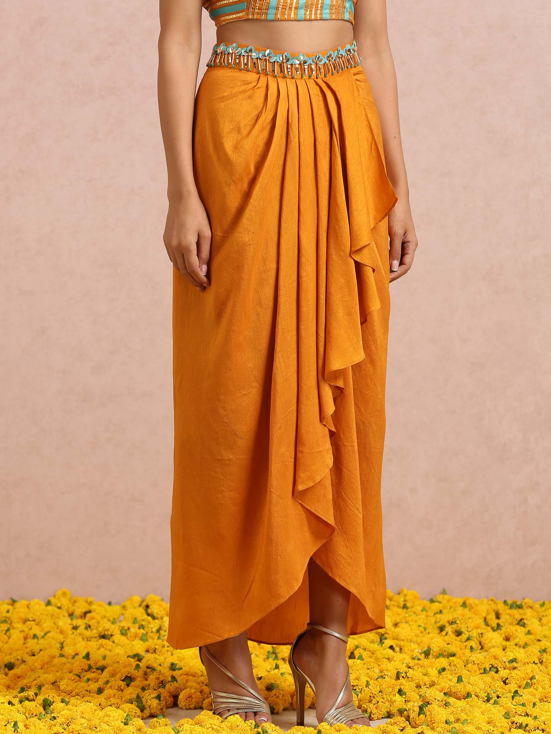 Rust Orange Dhoti Skirt Set with Teal Cape image 8