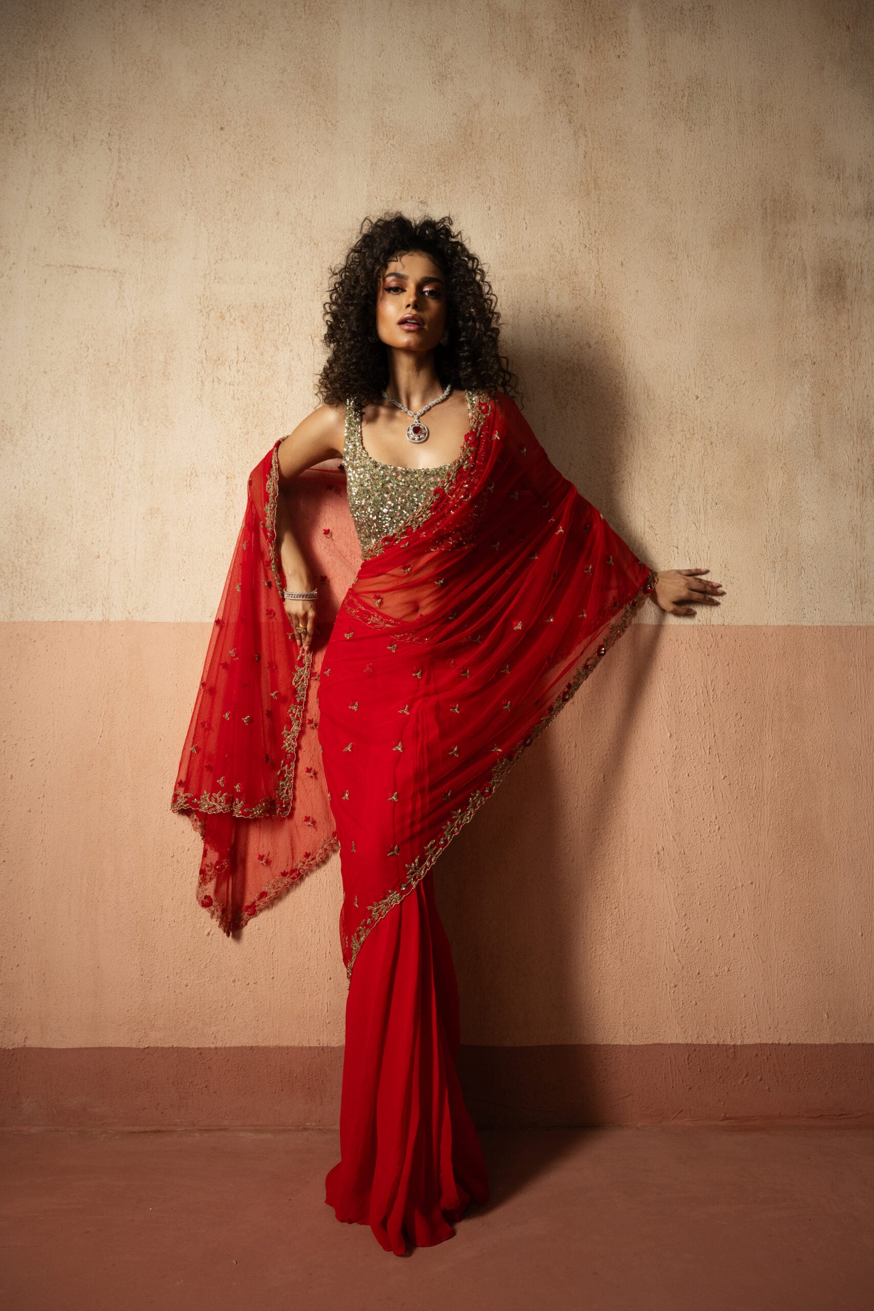 Pre Draped Red Hand Embroidered Net & Georgette Saree With Golden Blouse image 1