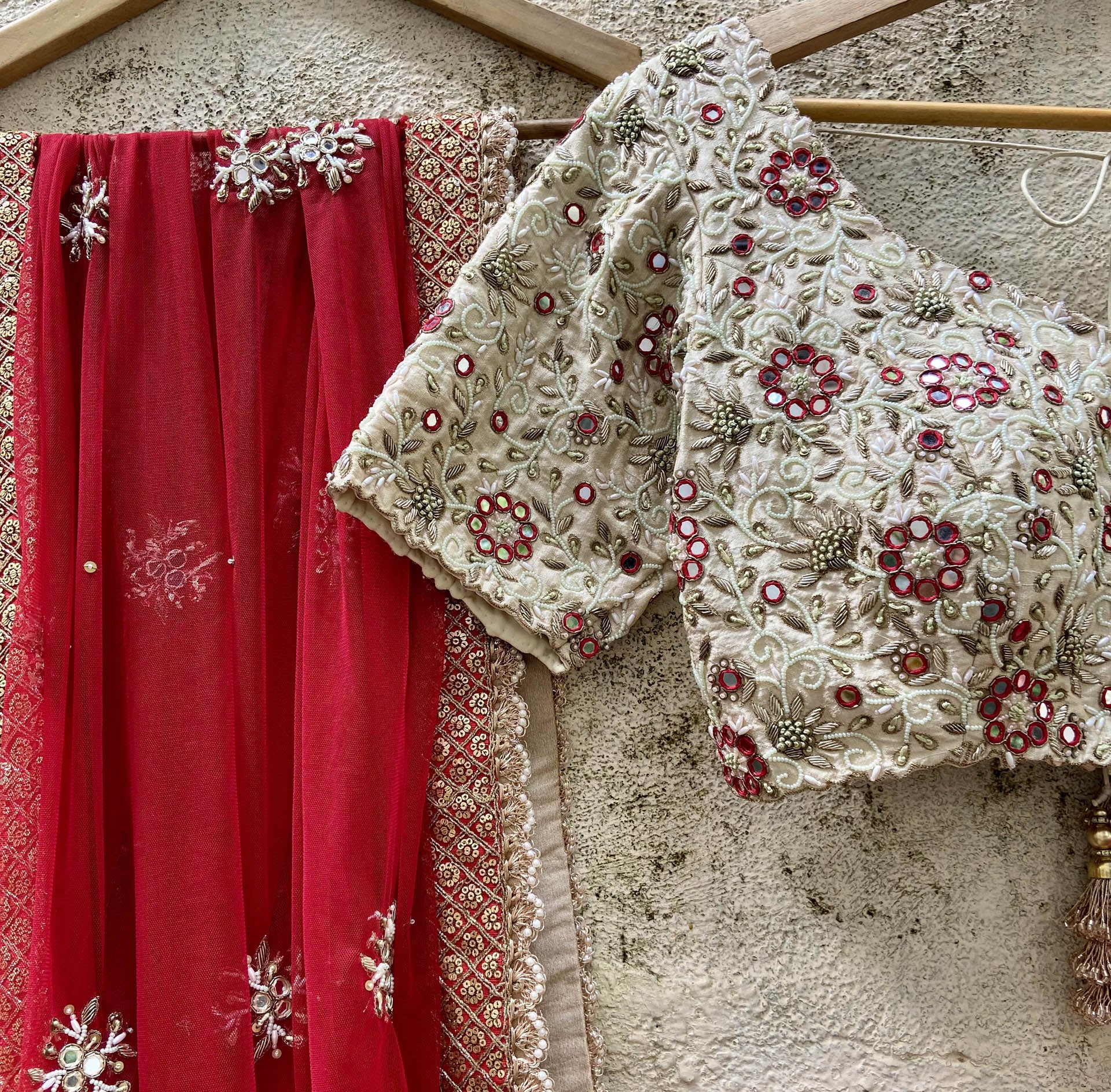 Ivory and Red Bridal Lehenga Set image 2