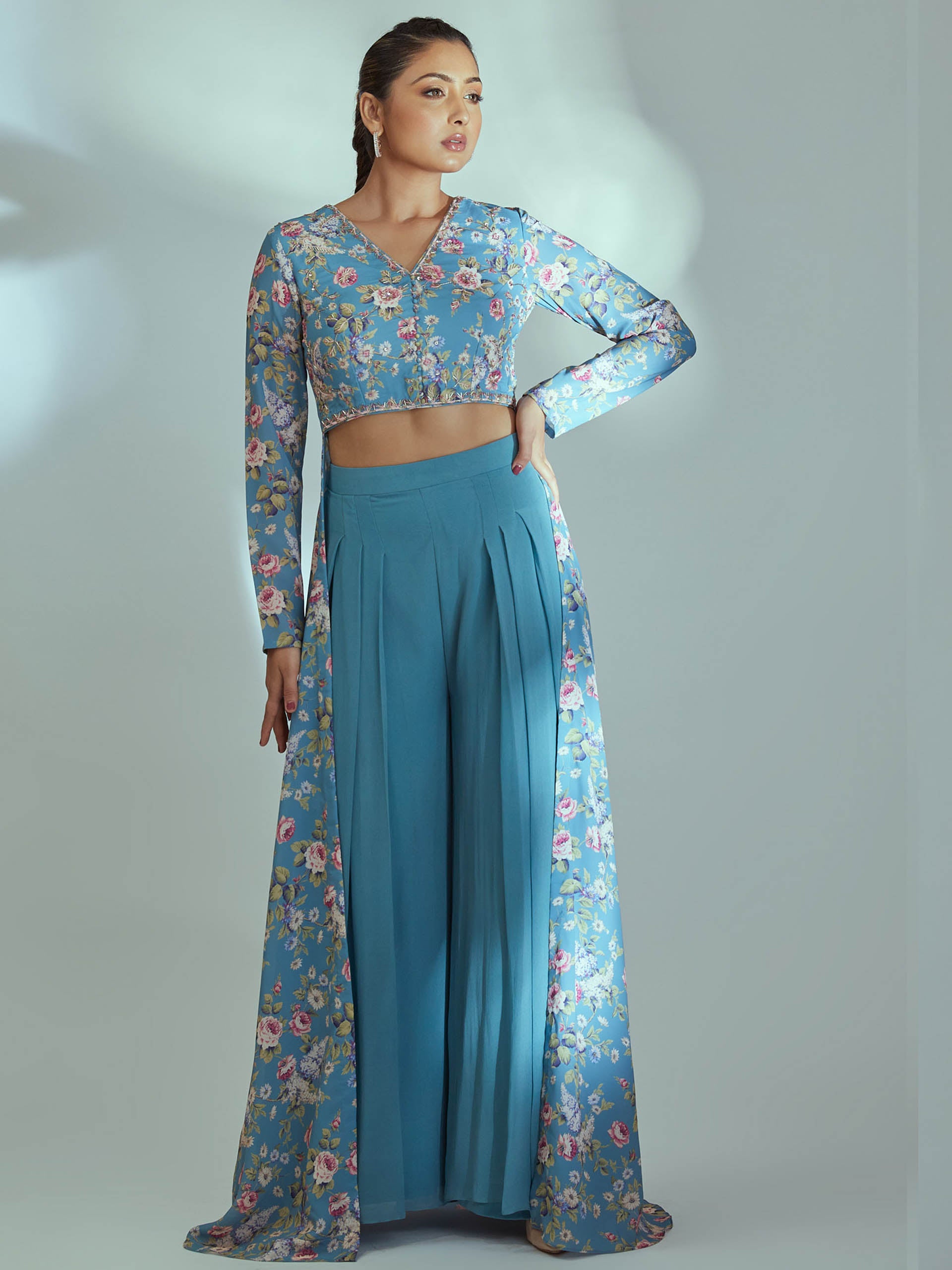 Sky Blue Floral Flared Pant Set - L image