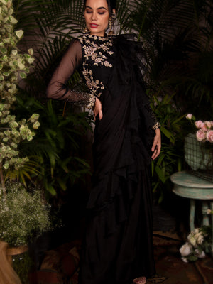 Black Ruffle Pre-Stitched Saree image 1