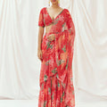 Red Printed Embroidered Drape Saree Set image 0