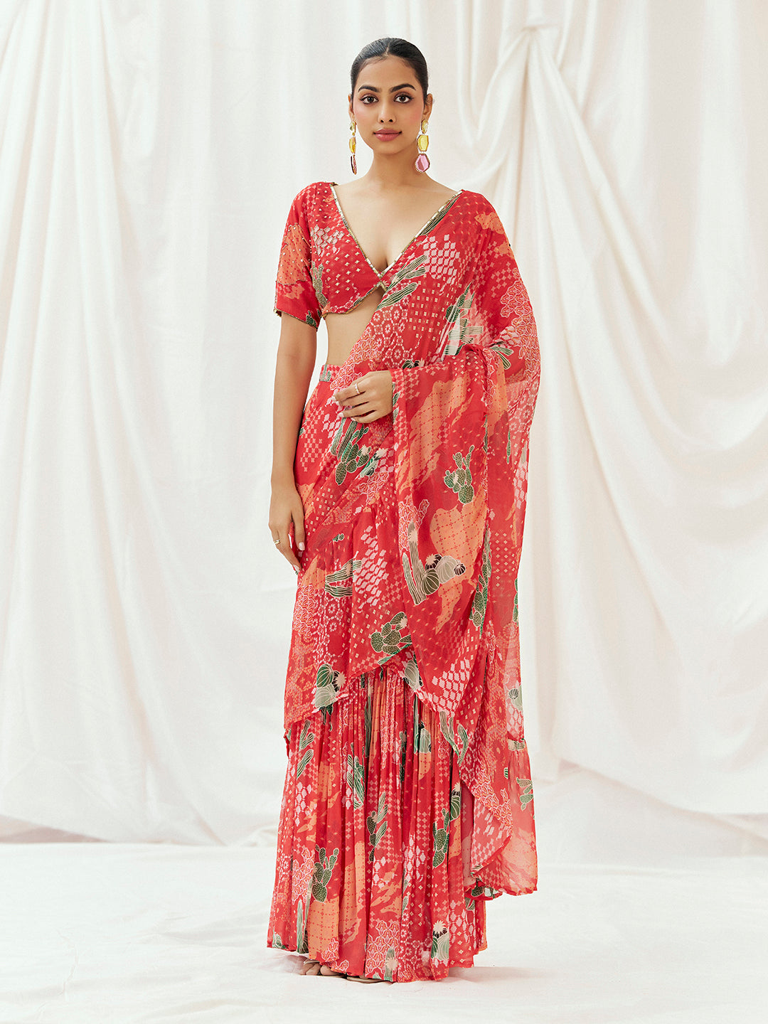 Red Printed Embroidered Drape Saree Set image 0