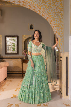 Green Embroidered Georgette Crepe Layered Lehenga Set - M image