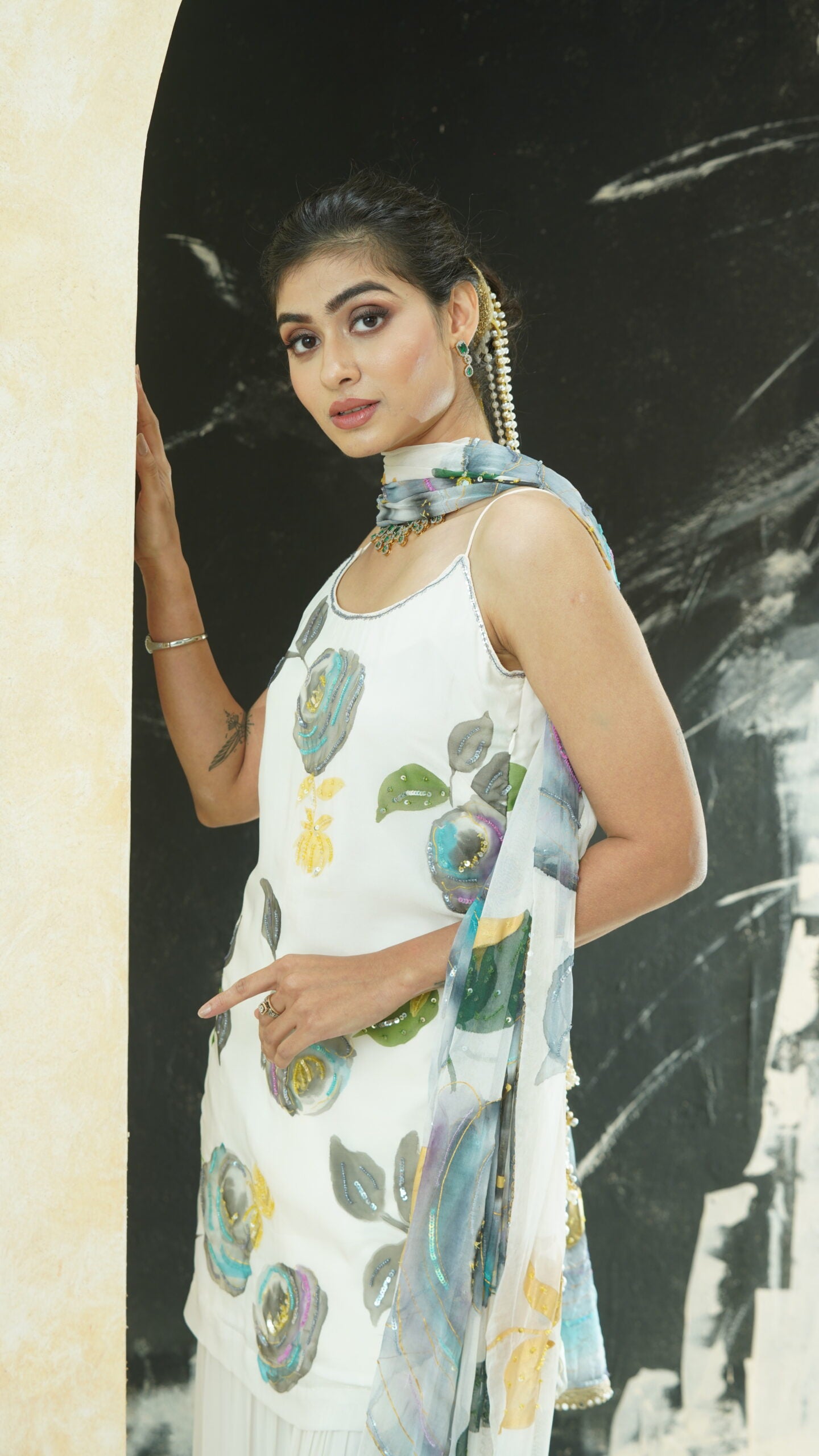 Ivory hand painted slip kurta and sharara set image 3