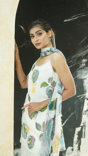 Ivory hand painted slip kurta and sharara set image 3
