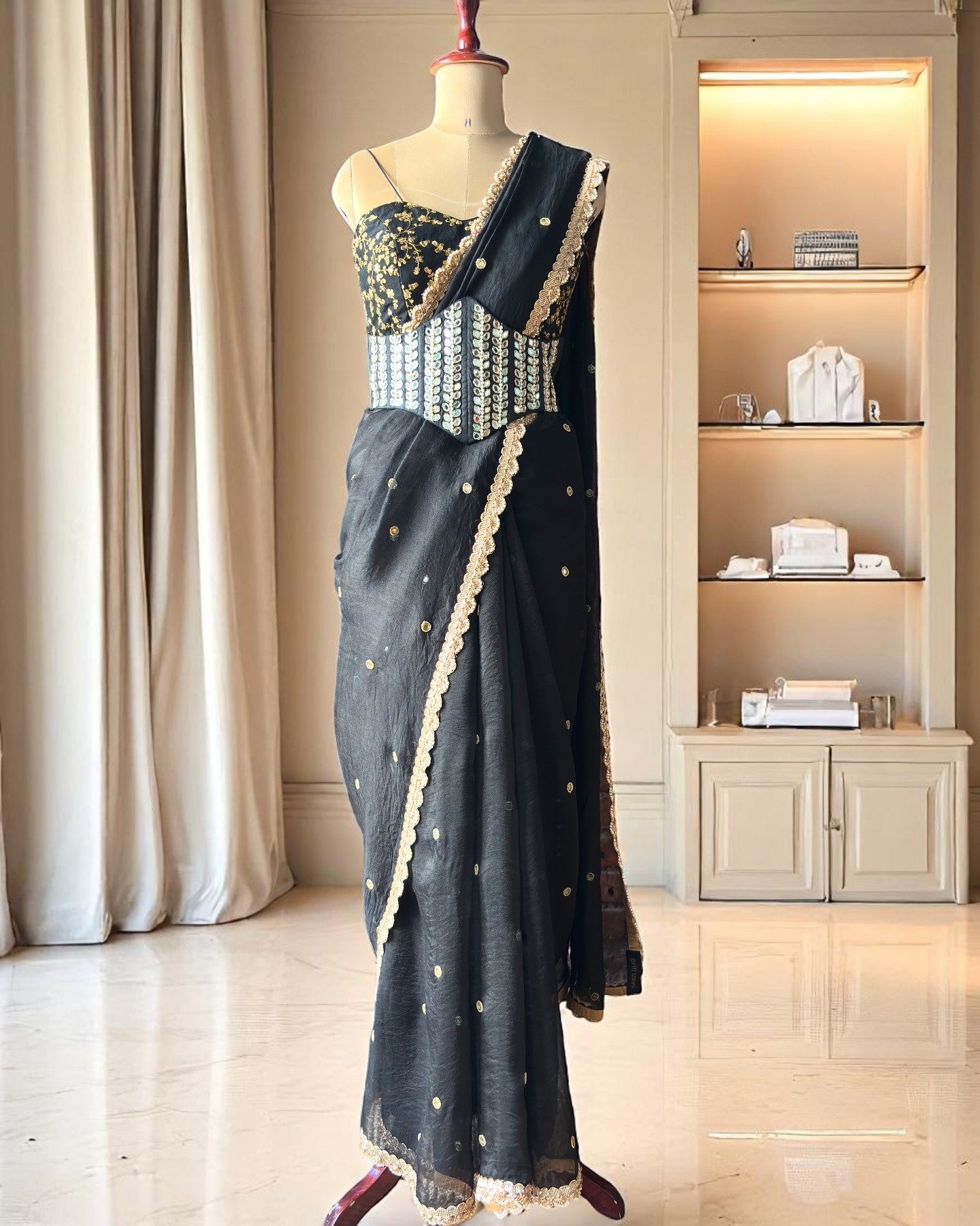 Black Organza Saree with Mirror Work Corset Belt image 0