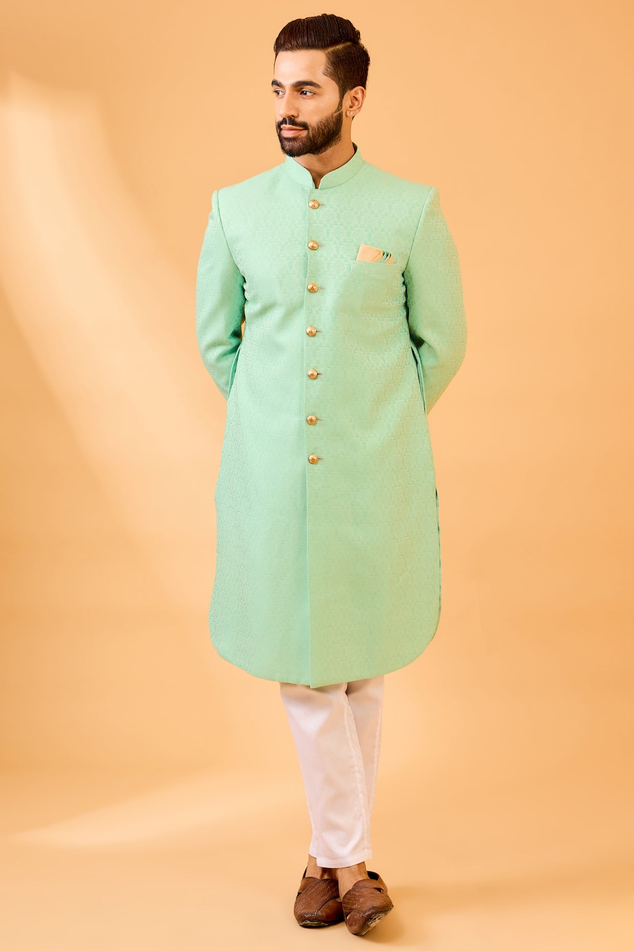 Mint Green Jacquard Sherwani Set image 2