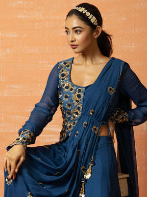 Peacock Blue Sharara Saree Set image 2