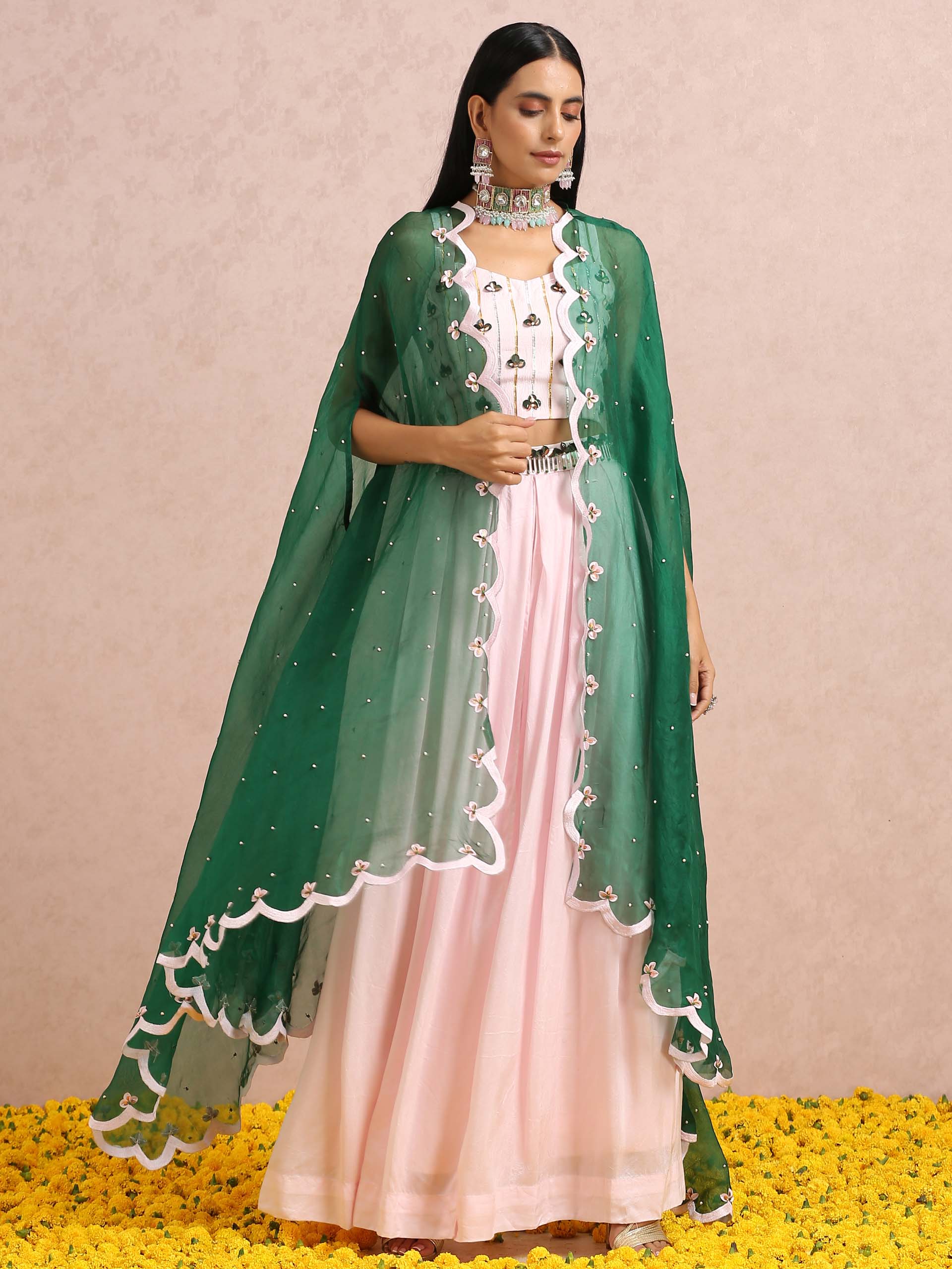 Light Pink Embroidered Pallazo Set with Cape image 6