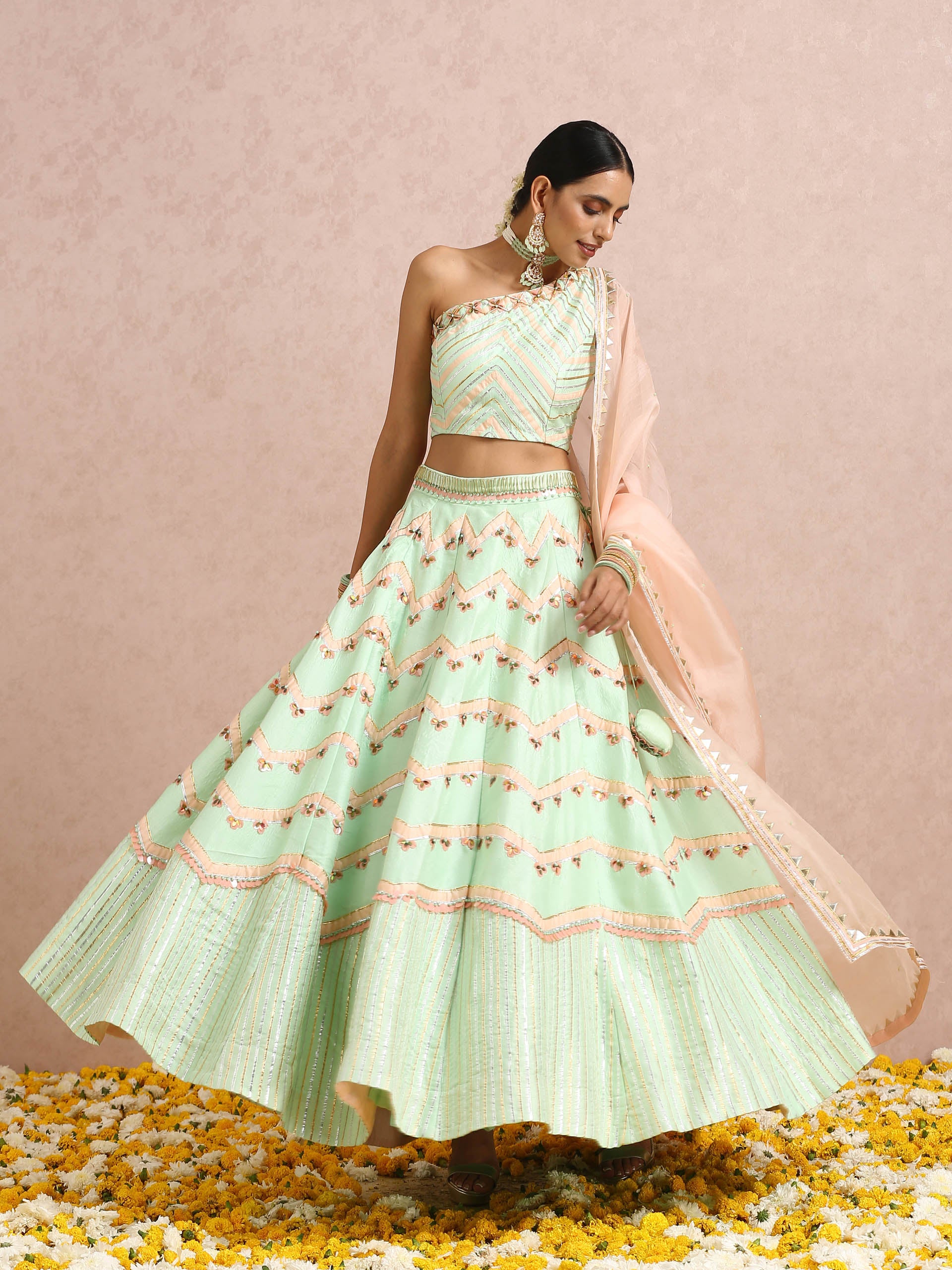 Mint and Peach Color Block Lehenga Set image 2