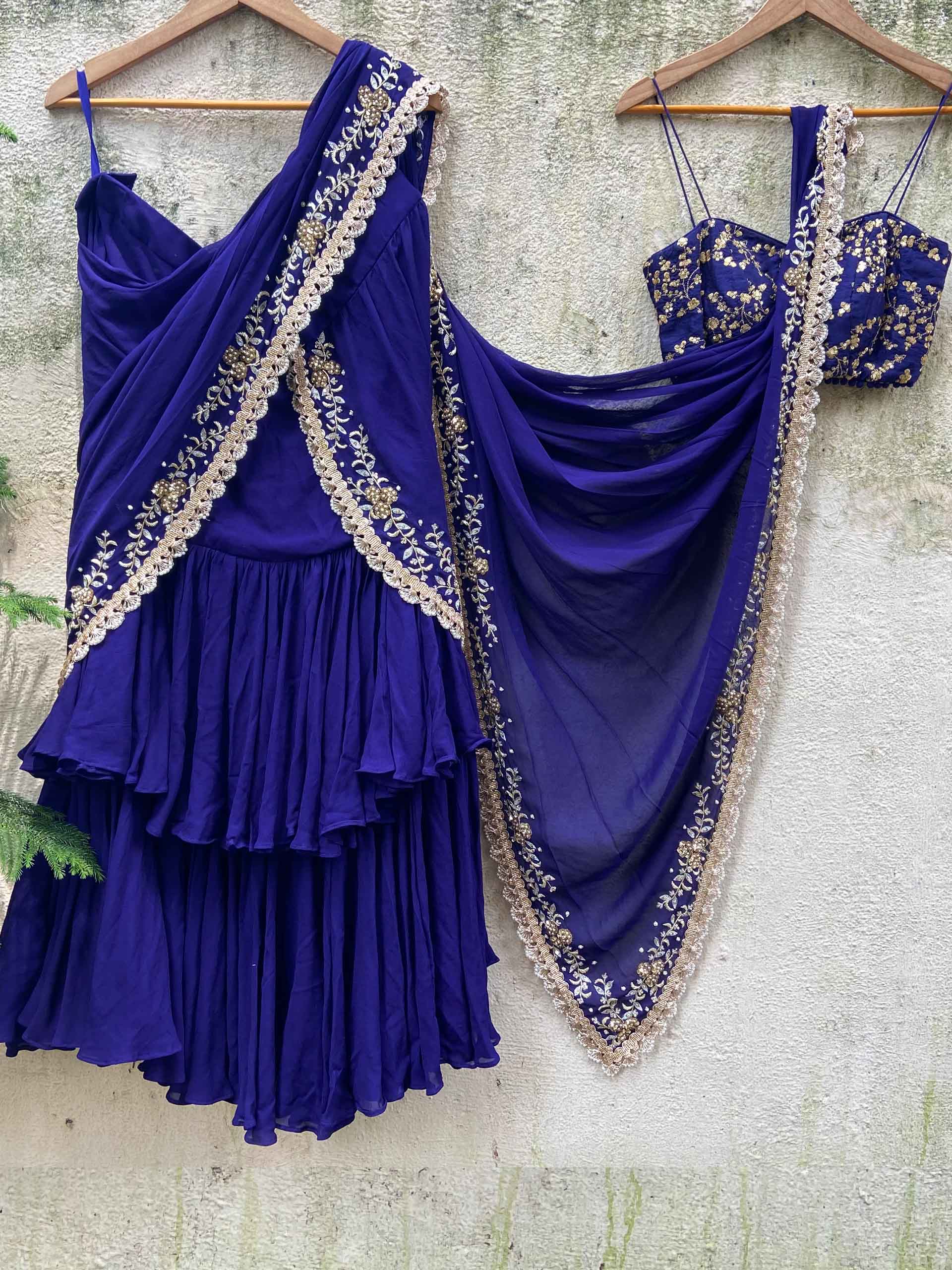Indigo Blue Ruffled Embroidered Pre-stitched Saree Set - Custom image