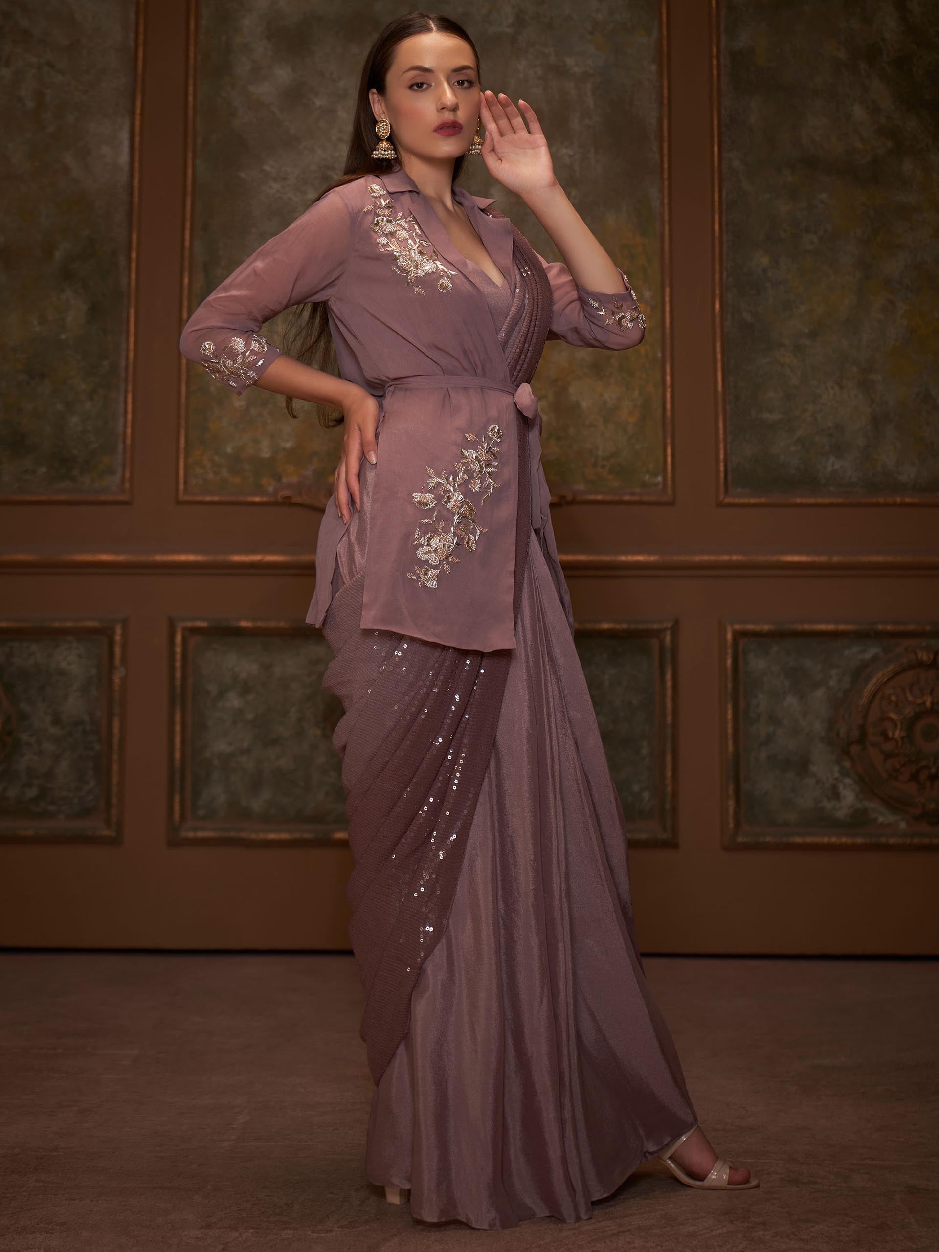 Chocolate Brown Jacket Pre Draped Saree Set image 3
