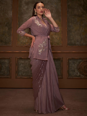 Chocolate Brown Jacket Pre Draped Saree Set image 3