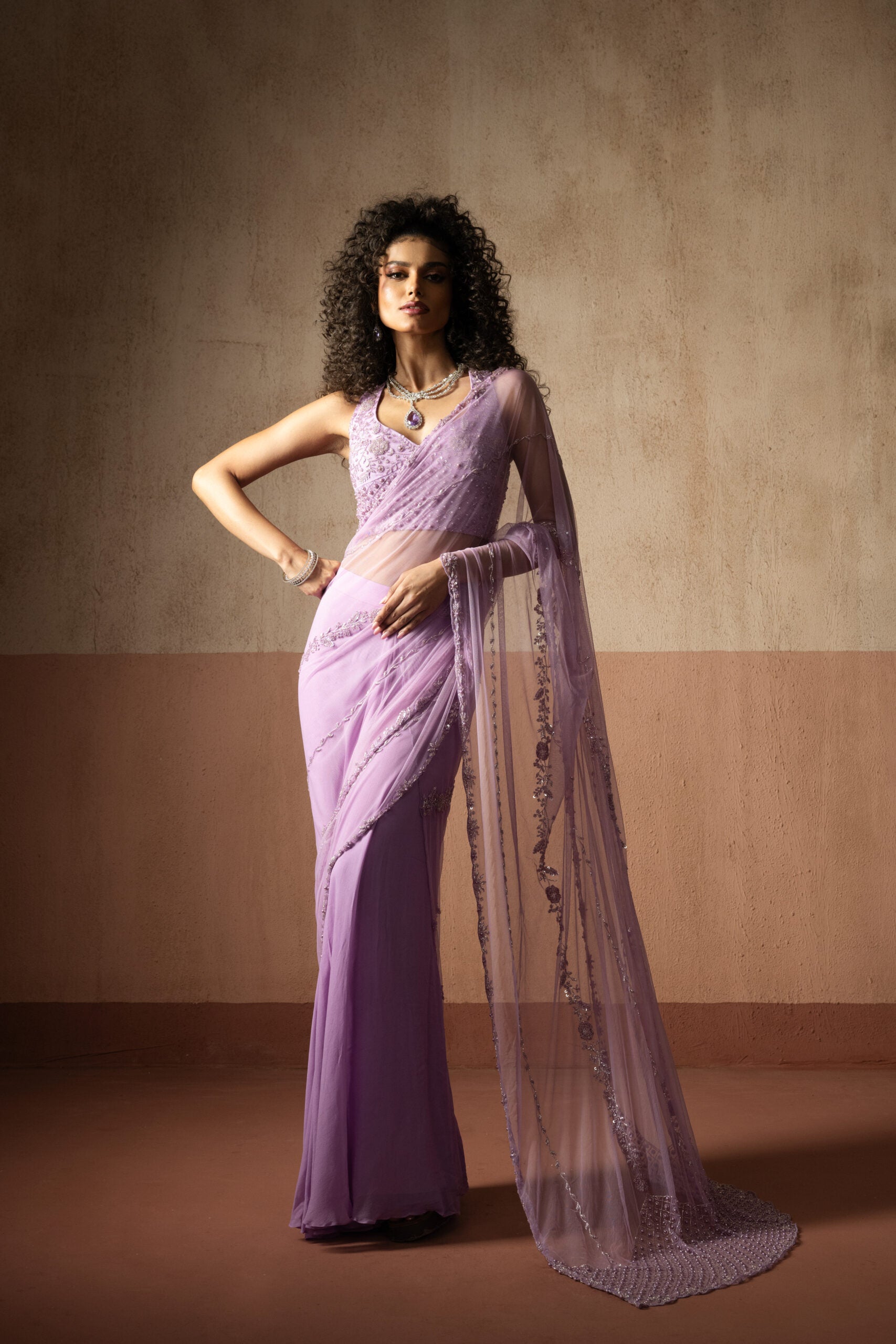 Pre Draped Lavender Hand Embroidered Net & Georgette Saree - L image