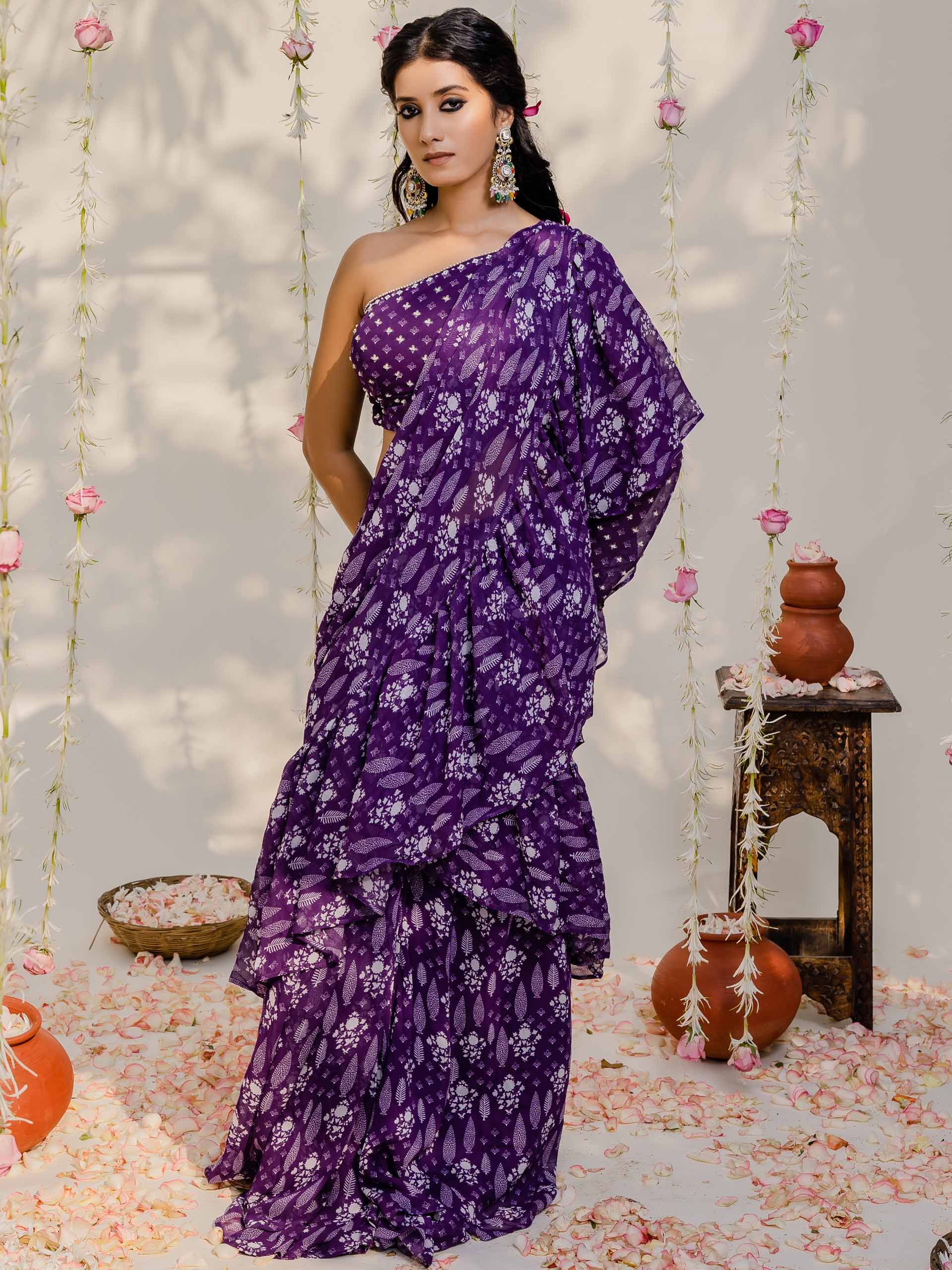 Purple Pre Draped Saree Se - L image
