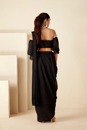 Off-Shoulder Zardosi Detail Cocktail Saree image 1