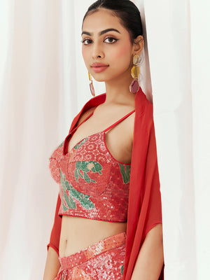 Red Printed Embroidered Drape Skirt Set with Cape image 3