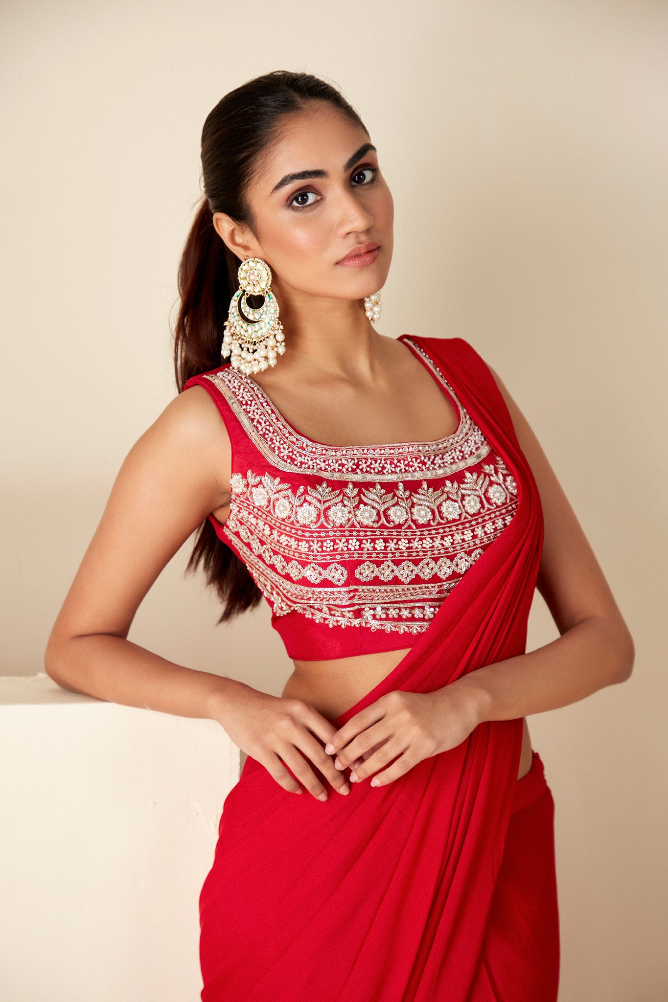 Red Pre-Drape Saree Ensemble image 3