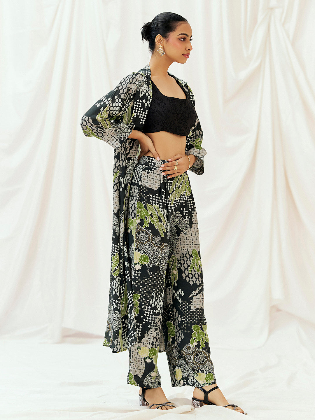 Black Printed Embroidered Jacket Pants Co-od Set with Blouse image 3