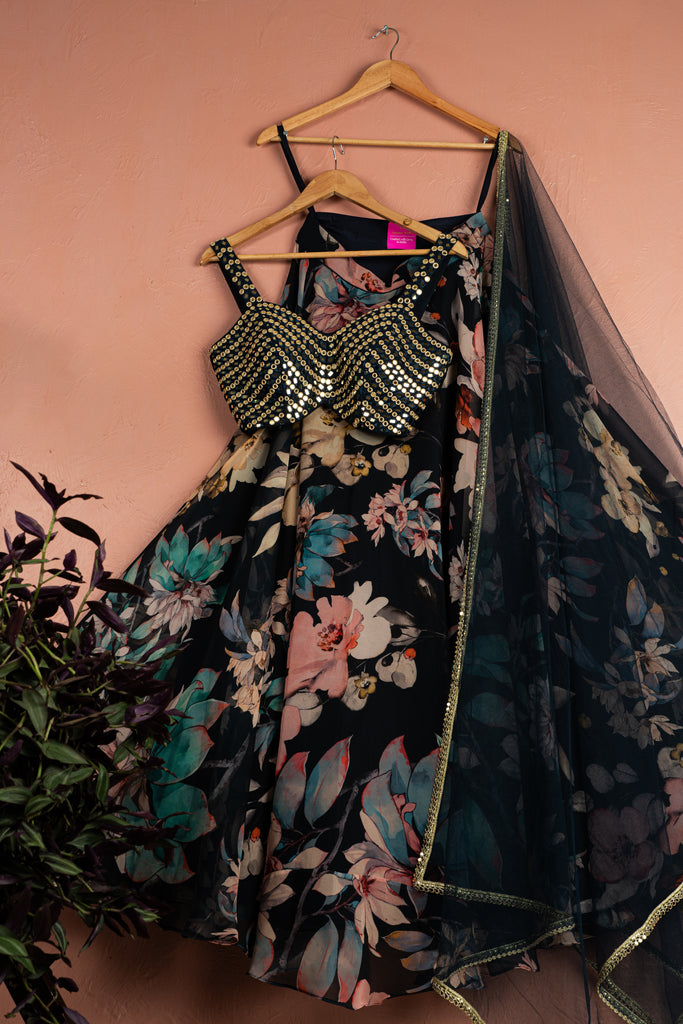 Midnight Blue Floral Blossom Lehenga with Gold and Blue Mirror Work Blouse Set - XS image