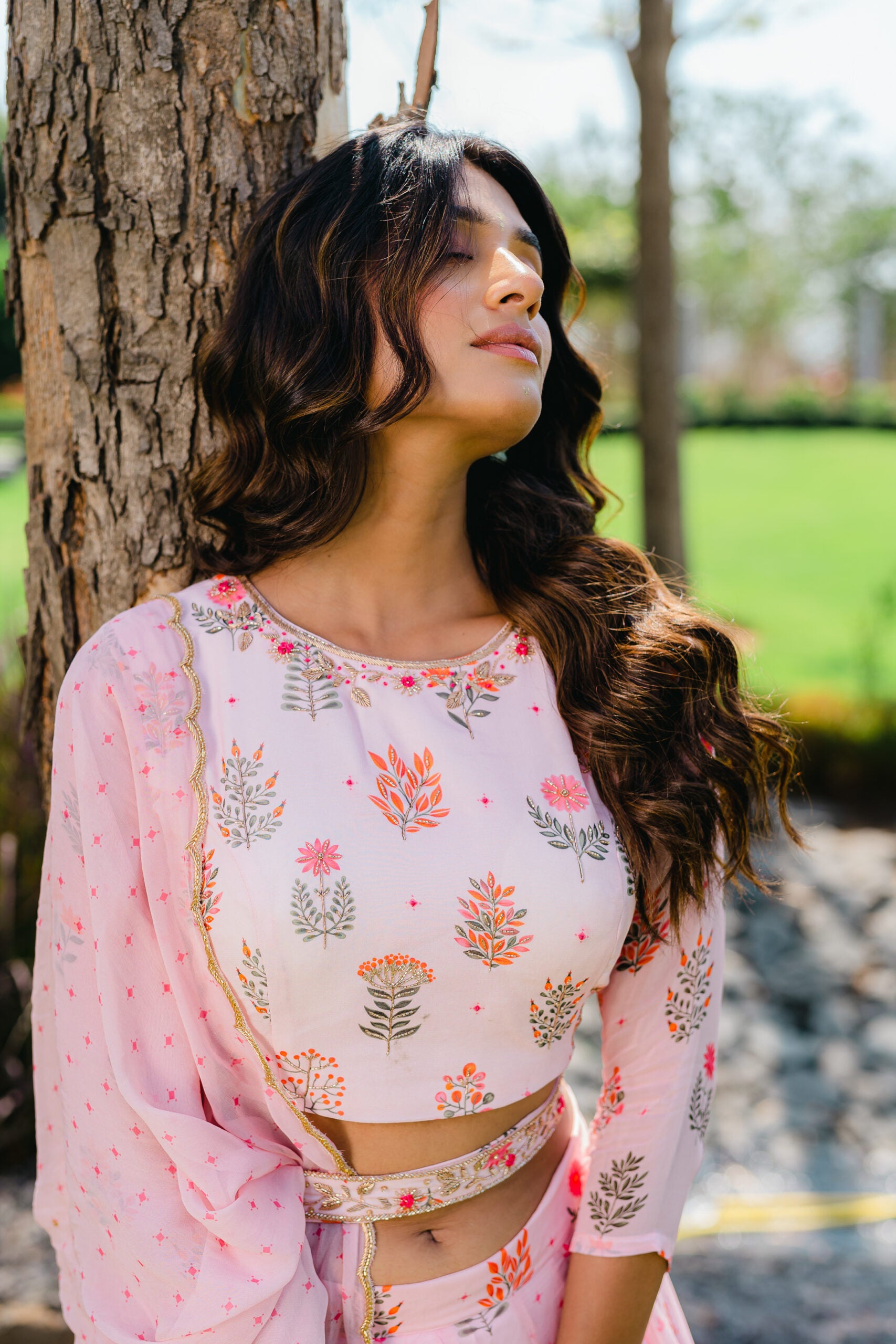 Blush Pink Floral Printed Embroidered Lehenga Set image 5