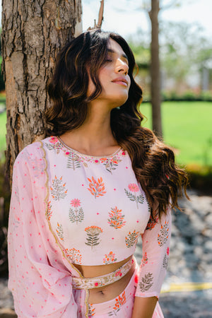 Blush Pink Floral Printed Embroidered Lehenga Set image 5